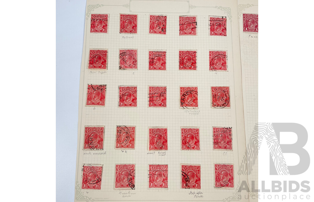 Collection of Australian KGV Head Stamps, One Penny, One and Half Penny, Mint Hinged Blocks, Various Water Marks