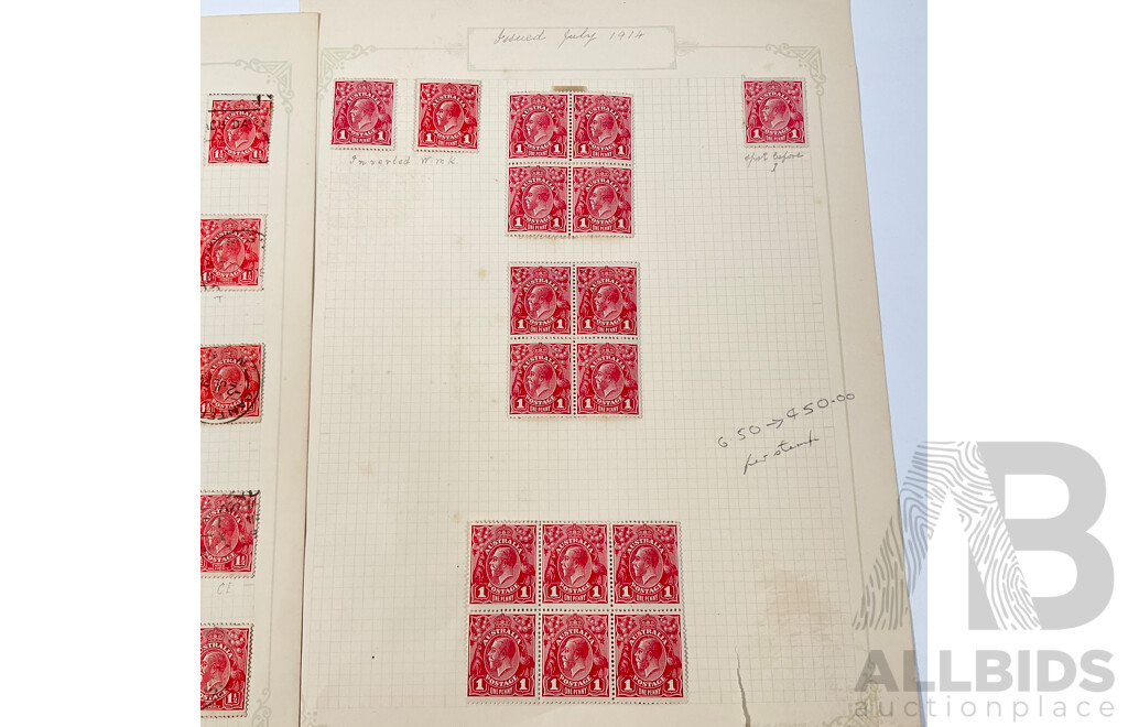 Collection of Australian KGV Head Stamps, One Penny, One and Half Penny, Mint Hinged Blocks, Various Water Marks