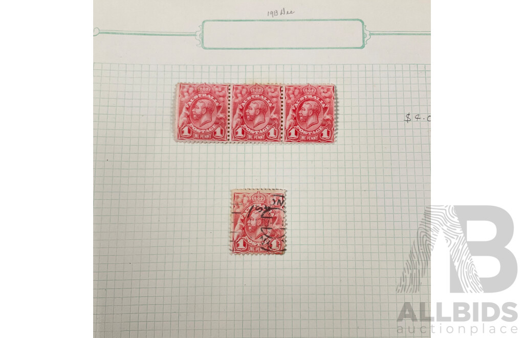 Collection of Australian KGV Head Stamps, One Penny, One and Half Penny, Mint Hinged Blocks, Various Water Marks