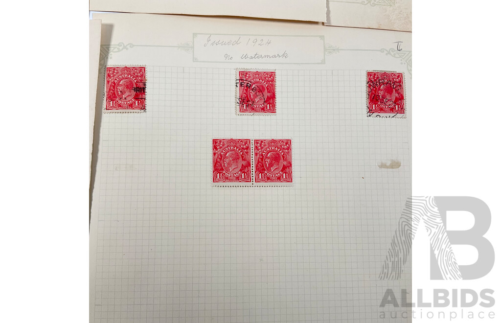 Collection of Australian KGV Head Stamps, One Penny, One and Half Penny, Mint Hinged Blocks, Various Water Marks