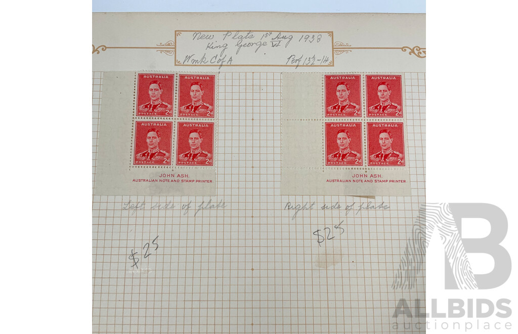 Collection of Australian KGVI and Queen Mother Stamps Including Mint Hinged John Ash Print Blocks
