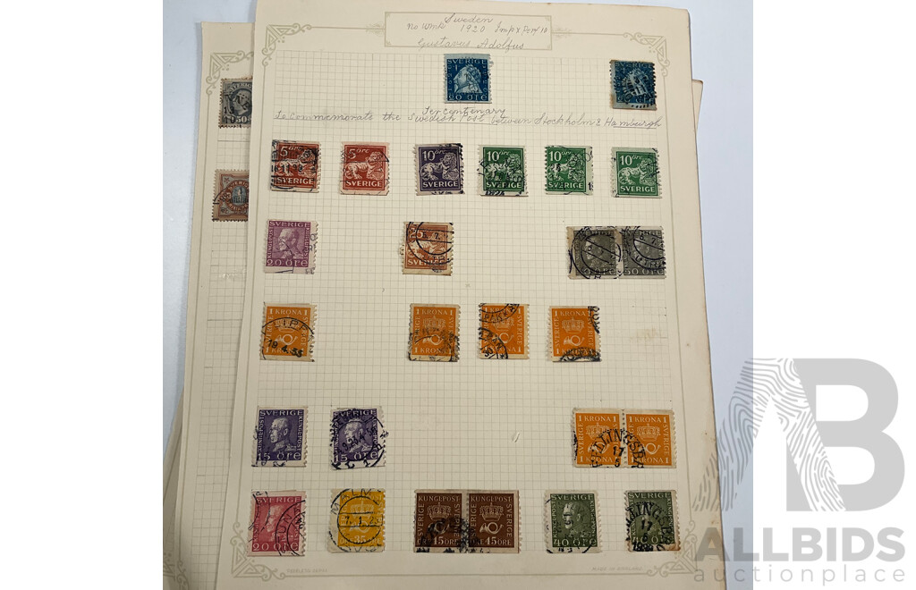 Collection of Swedish Stamps, Examples Spanning 1850's to 1930's Including Overprints and Sets