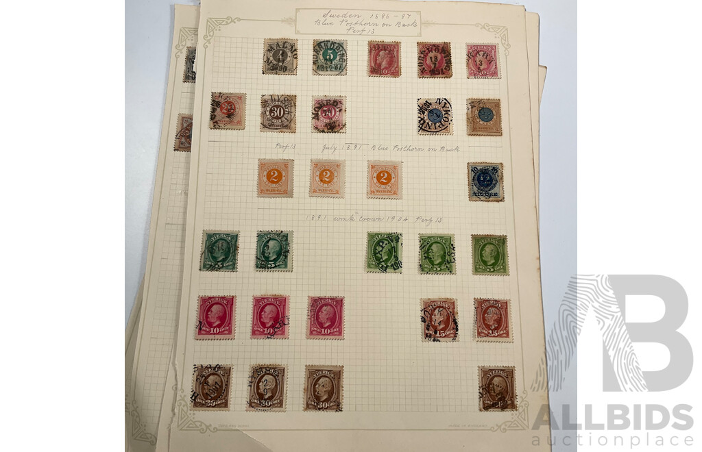 Collection of Swedish Stamps, Examples Spanning 1850's to 1930's Including Overprints and Sets