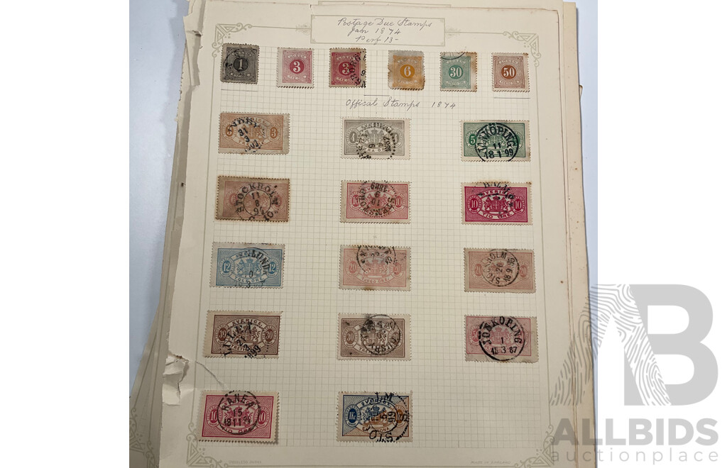 Collection of Swedish Stamps, Examples Spanning 1850's to 1930's Including Overprints and Sets
