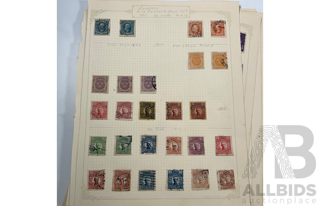 Collection of Swedish Stamps, Examples Spanning 1850's to 1930's Including Overprints and Sets