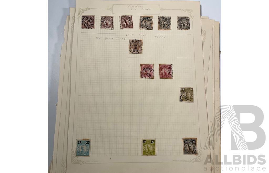 Collection of Swedish Stamps, Examples Spanning 1850's to 1930's Including Overprints and Sets