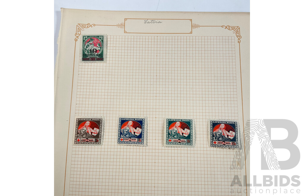 Collection of Antique and Vintage Stamps Spanning 1910's to 1930's Including Latvia, San Marino, Liechtenstein, Mint Hinged, Overprints, Sets, Postage Due