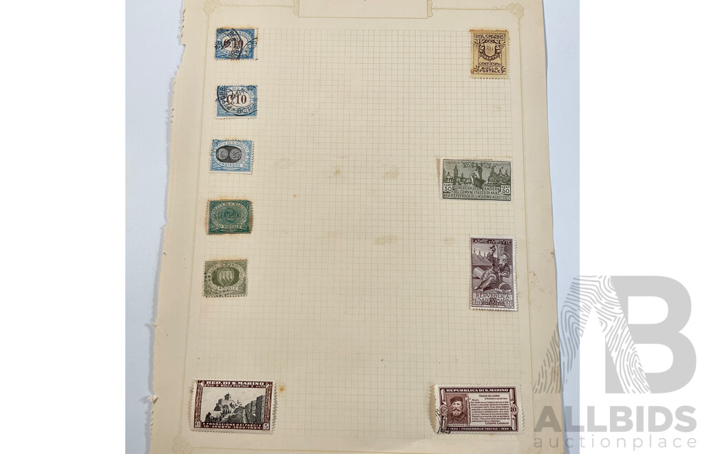 Collection of Antique and Vintage Stamps Spanning 1910's to 1930's Including Latvia, San Marino, Liechtenstein, Mint Hinged, Overprints, Sets, Postage Due