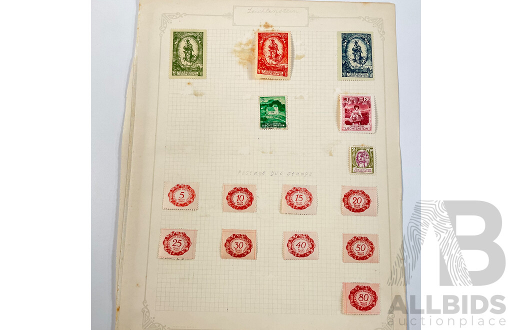 Collection of Antique and Vintage Stamps Spanning 1910's to 1930's Including Latvia, San Marino, Liechtenstein, Mint Hinged, Overprints, Sets, Postage Due