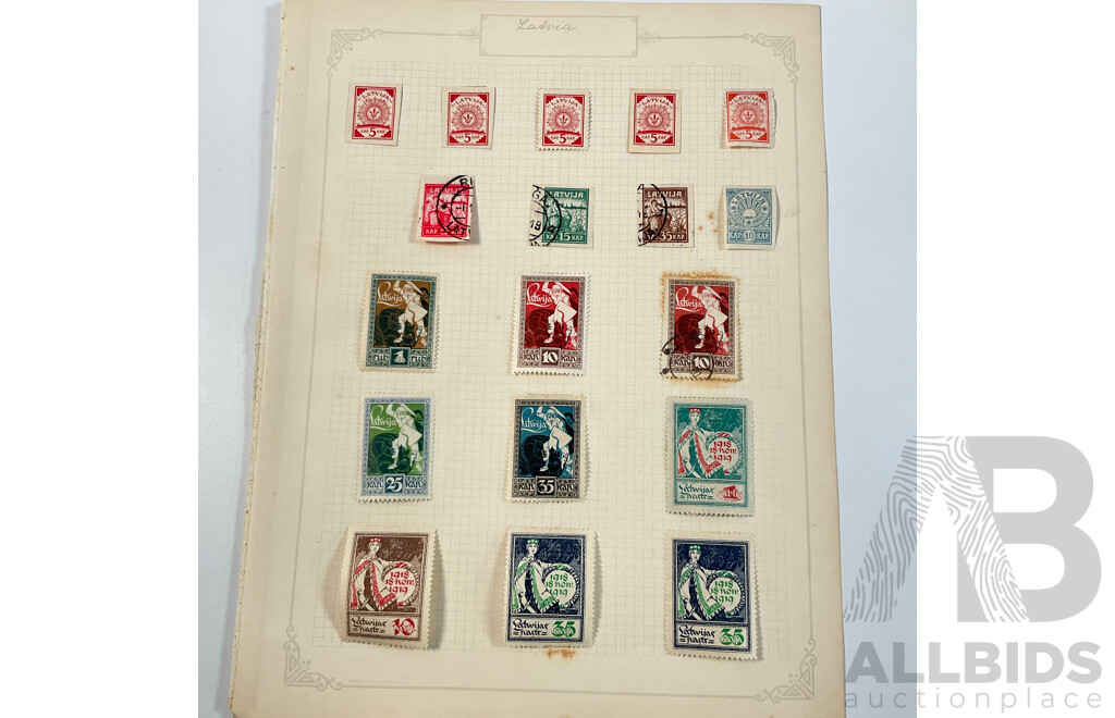 Collection of Antique and Vintage Stamps Spanning 1910's to 1930's Including Latvia, San Marino, Liechtenstein, Mint Hinged, Overprints, Sets, Postage Due