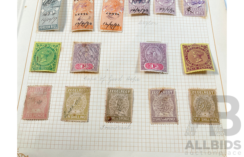 Collection of 1880's-1890's Stamps Including Straits Settlements, Ceylon, Cape of Good Hope and Transvaal Stamps Including Foreign Bill QV Hand Canceled Overprints, Five Shillings