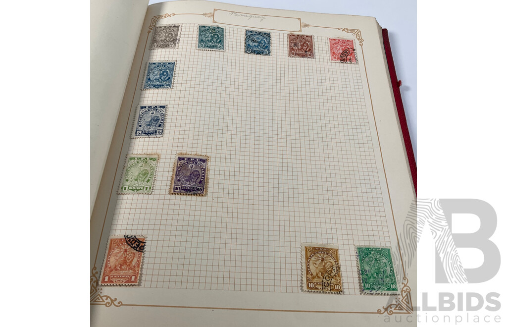 Album of Antique and Vintage Central American Stamps Including Dominica, Paraguay, Salvador, Nicaragua, Honduras, Venezuela, Uruguay