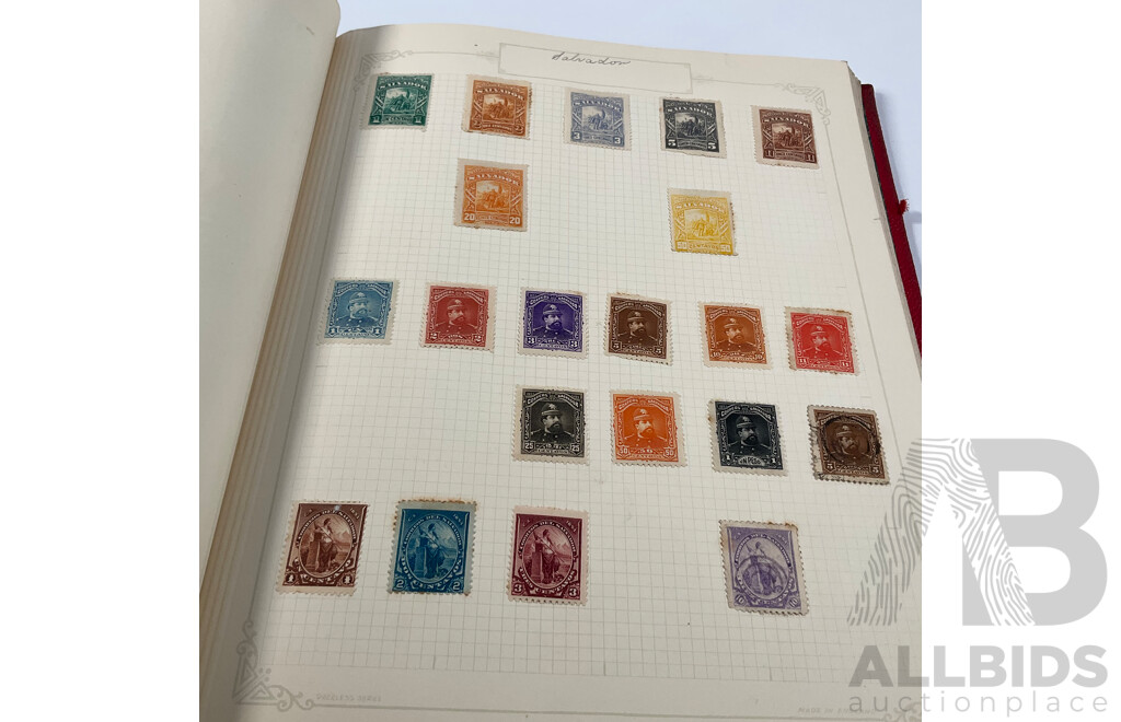 Album of Antique and Vintage Central American Stamps Including Dominica, Paraguay, Salvador, Nicaragua, Honduras, Venezuela, Uruguay