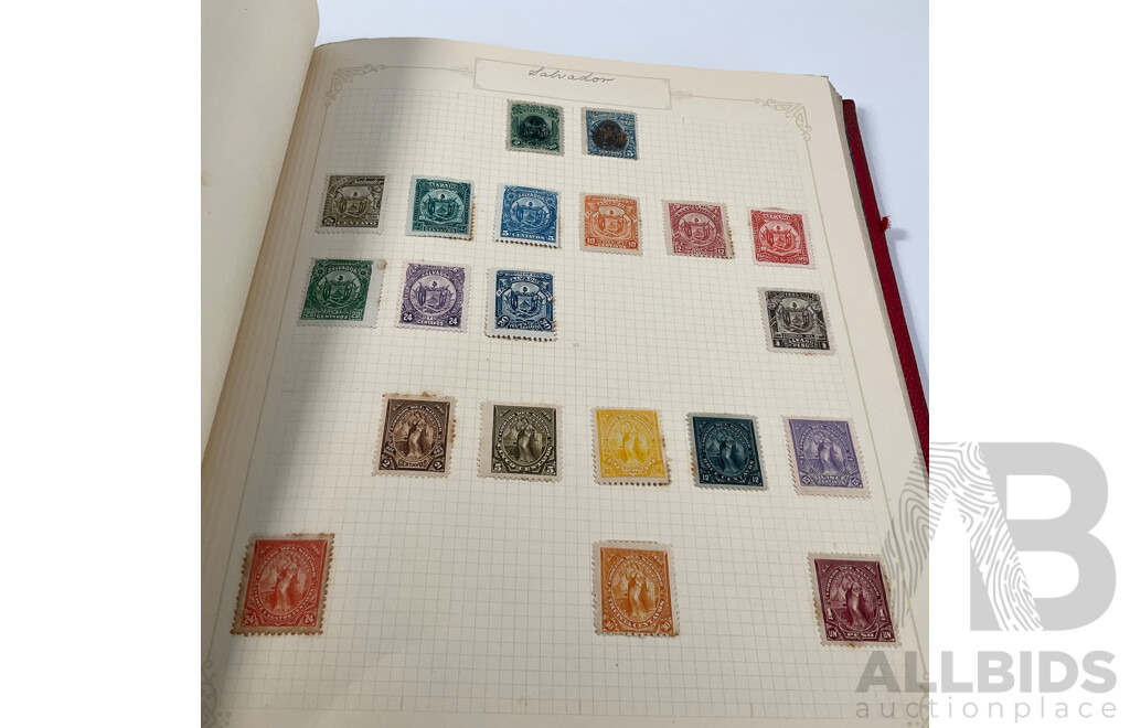 Album of Antique and Vintage Central American Stamps Including Dominica, Paraguay, Salvador, Nicaragua, Honduras, Venezuela, Uruguay