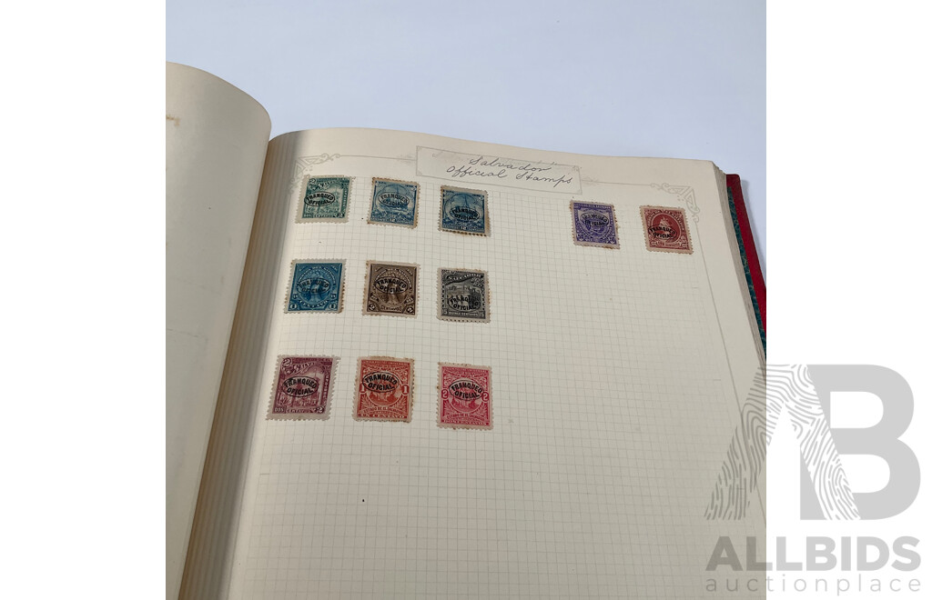 Album of Antique and Vintage Central American Stamps Including Dominica, Paraguay, Salvador, Nicaragua, Honduras, Venezuela, Uruguay