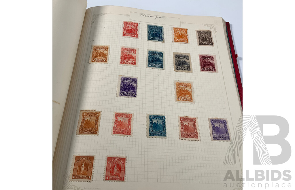 Album of Antique and Vintage Central American Stamps Including Dominica, Paraguay, Salvador, Nicaragua, Honduras, Venezuela, Uruguay