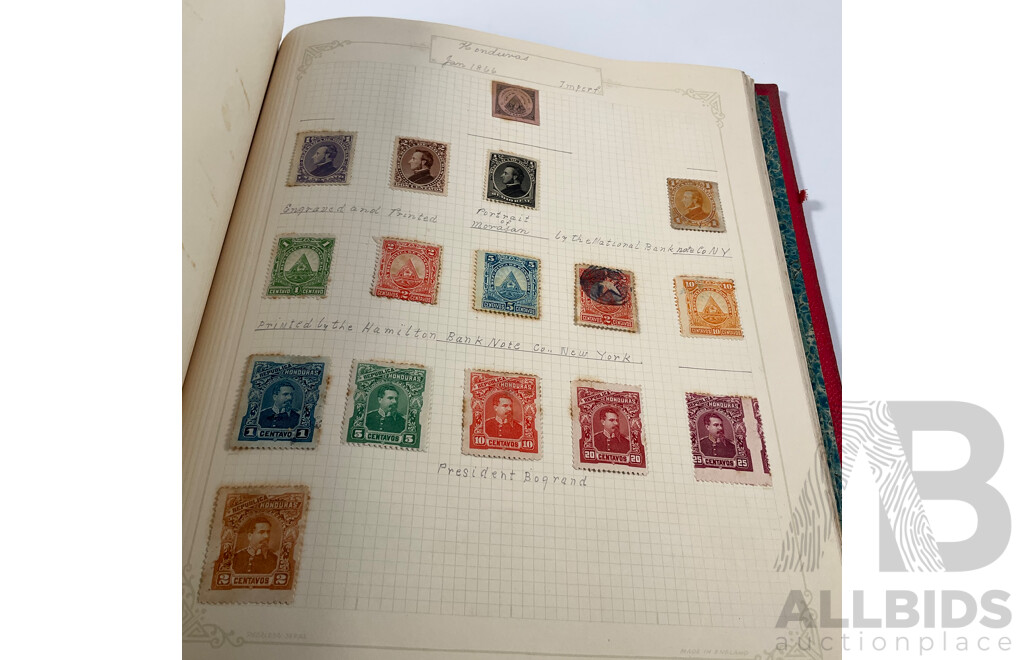 Album of Antique and Vintage Central American Stamps Including Dominica, Paraguay, Salvador, Nicaragua, Honduras, Venezuela, Uruguay