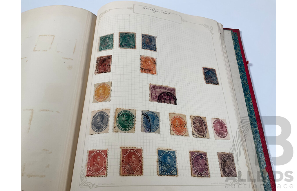 Album of Antique and Vintage Central American Stamps Including Dominica, Paraguay, Salvador, Nicaragua, Honduras, Venezuela, Uruguay