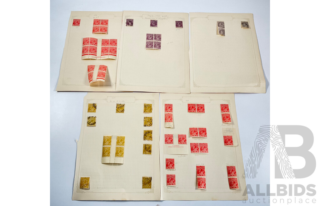 Collection of Australian KGV Stamps Including One and Half, Three, Four, Four and Halfpence, Perfin, Mint Hinged Blocks, A.J Mullett and T.S Harrison Prints