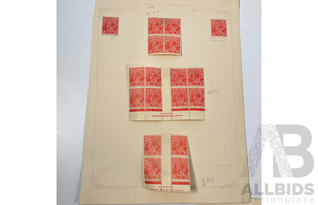 Collection of Australian KGV Stamps Including One and Half, Three, Four, Four and Halfpence, Perfin, Mint Hinged Blocks, A.J Mullett and T.S Harrison Prints