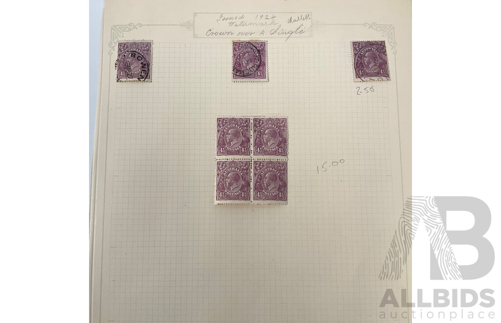 Collection of Australian KGV Stamps Including One and Half, Three, Four, Four and Halfpence, Perfin, Mint Hinged Blocks, A.J Mullett and T.S Harrison Prints