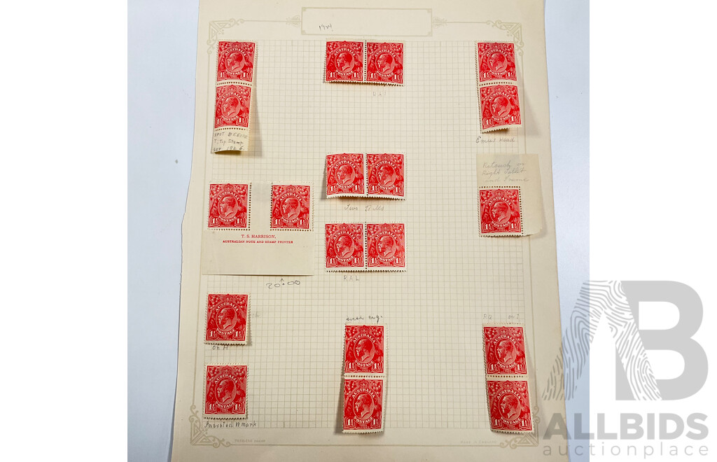 Collection of Australian KGV Stamps Including One and Half, Three, Four, Four and Halfpence, Perfin, Mint Hinged Blocks, A.J Mullett and T.S Harrison Prints
