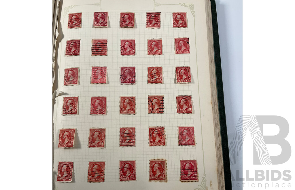Album of USA Stamps Spanning 1890's to 1920's, Franklin, Washington, Martha Washington, Lincoln, Garfield, Roosevelt, Cleveland, Native Indians, Air Post, Mint Hinged Blocks