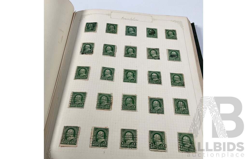 Album of USA Stamps Spanning 1890's to 1920's, Franklin, Washington, Martha Washington, Lincoln, Garfield, Roosevelt, Cleveland, Native Indians, Air Post, Mint Hinged Blocks