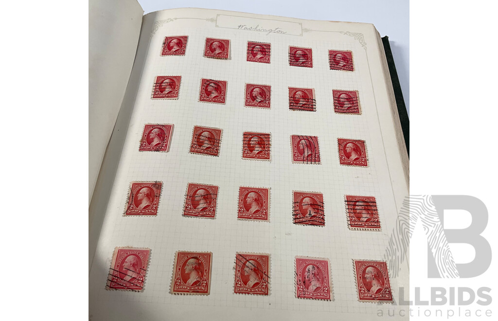 Album of USA Stamps Spanning 1890's to 1920's, Franklin, Washington, Martha Washington, Lincoln, Garfield, Roosevelt, Cleveland, Native Indians, Air Post, Mint Hinged Blocks