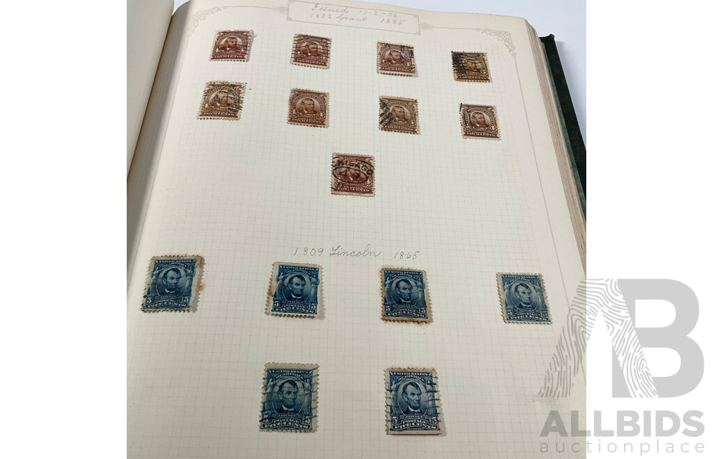 Album of USA Stamps Spanning 1890's to 1920's, Franklin, Washington, Martha Washington, Lincoln, Garfield, Roosevelt, Cleveland, Native Indians, Air Post, Mint Hinged Blocks