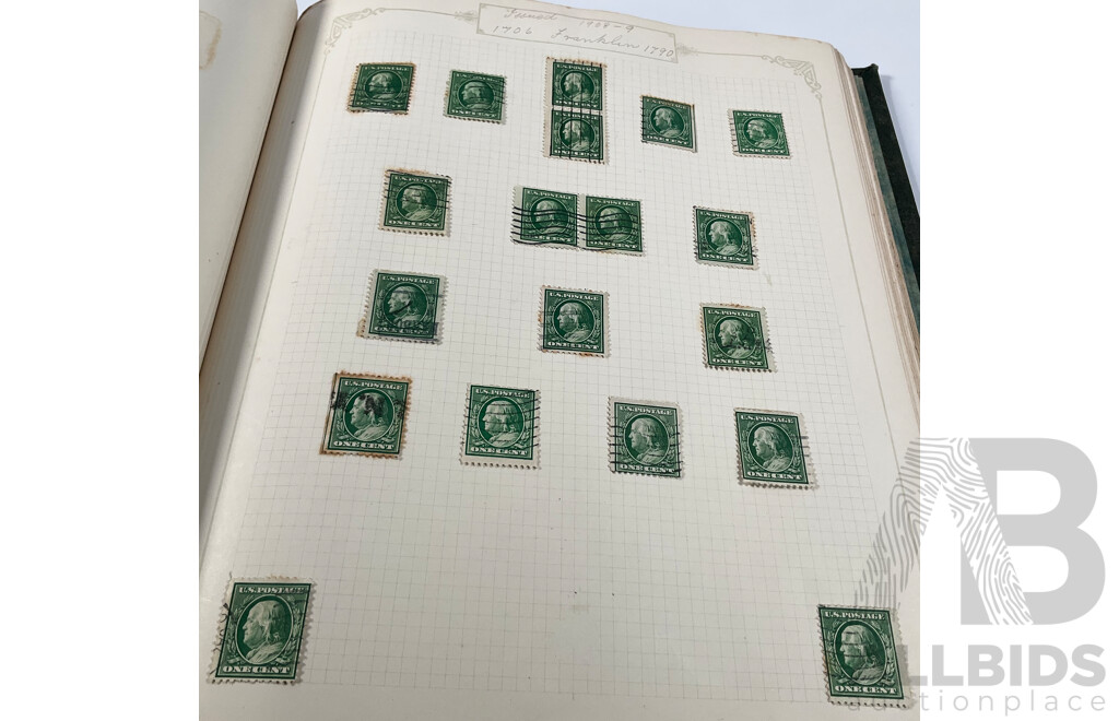Album of USA Stamps Spanning 1890's to 1920's, Franklin, Washington, Martha Washington, Lincoln, Garfield, Roosevelt, Cleveland, Native Indians, Air Post, Mint Hinged Blocks