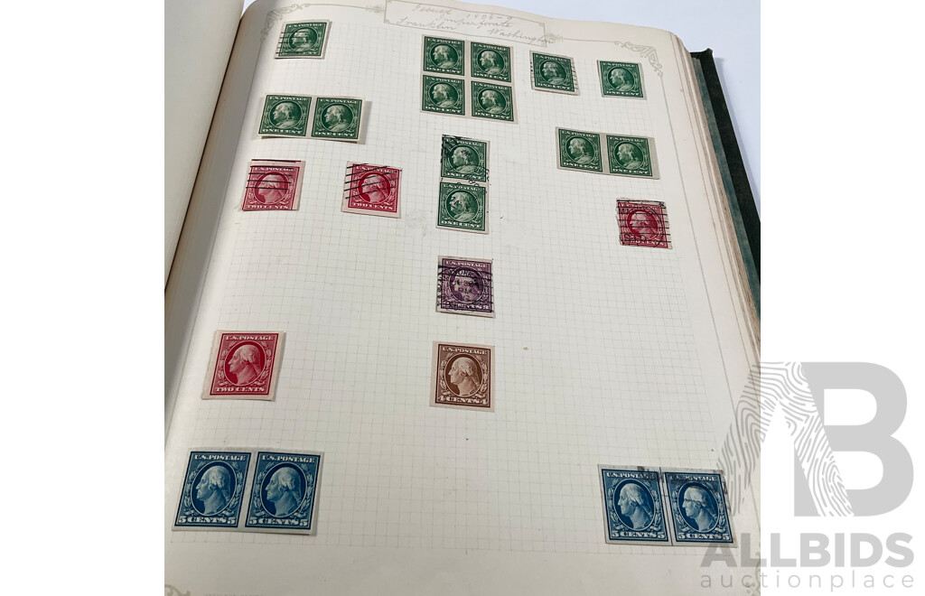 Album of USA Stamps Spanning 1890's to 1920's, Franklin, Washington, Martha Washington, Lincoln, Garfield, Roosevelt, Cleveland, Native Indians, Air Post, Mint Hinged Blocks