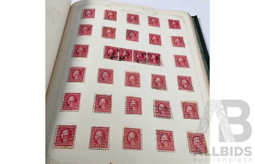 Album of USA Stamps Spanning 1890's to 1920's, Franklin, Washington, Martha Washington, Lincoln, Garfield, Roosevelt, Cleveland, Native Indians, Air Post, Mint Hinged Blocks