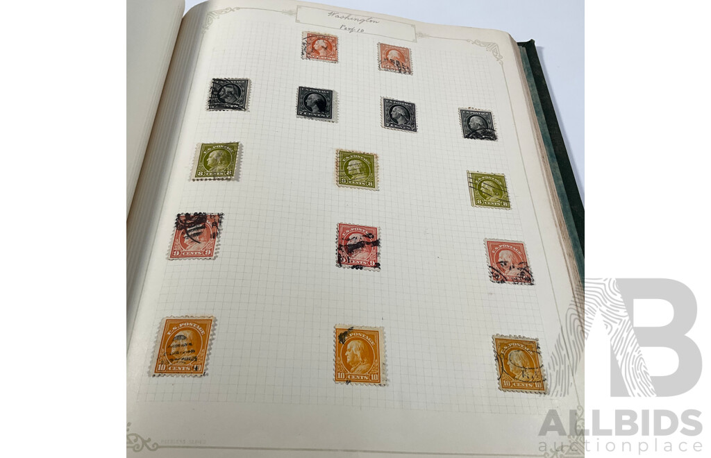 Album of USA Stamps Spanning 1890's to 1920's, Franklin, Washington, Martha Washington, Lincoln, Garfield, Roosevelt, Cleveland, Native Indians, Air Post, Mint Hinged Blocks