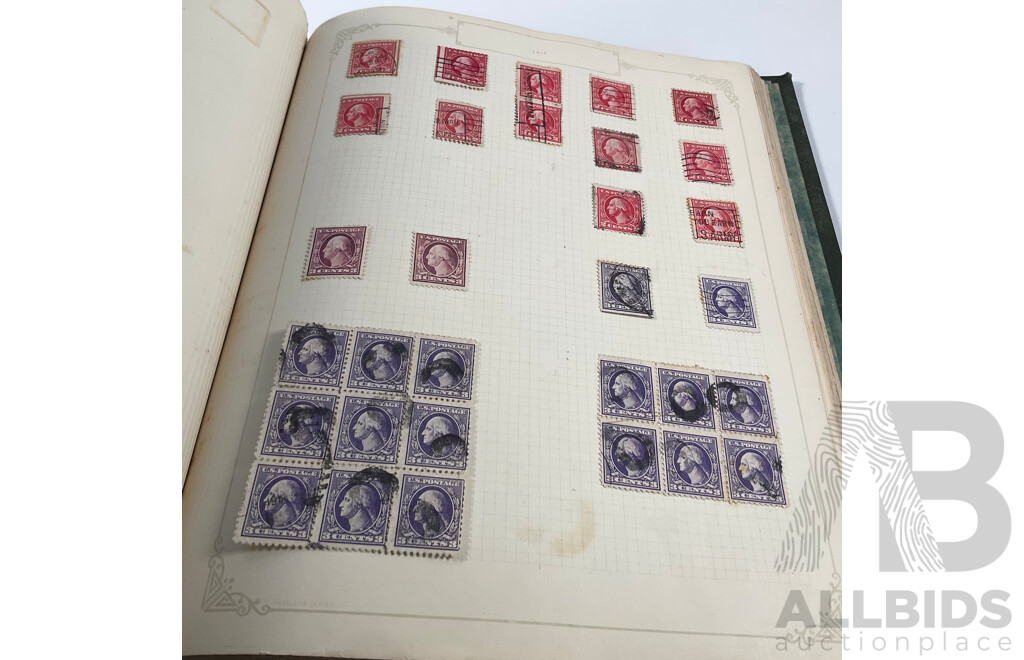 Album of USA Stamps Spanning 1890's to 1920's, Franklin, Washington, Martha Washington, Lincoln, Garfield, Roosevelt, Cleveland, Native Indians, Air Post, Mint Hinged Blocks