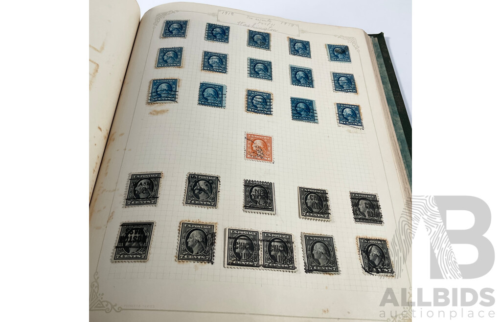 Album of USA Stamps Spanning 1890's to 1920's, Franklin, Washington, Martha Washington, Lincoln, Garfield, Roosevelt, Cleveland, Native Indians, Air Post, Mint Hinged Blocks