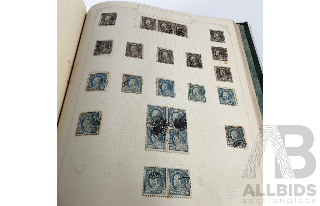 Album of USA Stamps Spanning 1890's to 1920's, Franklin, Washington, Martha Washington, Lincoln, Garfield, Roosevelt, Cleveland, Native Indians, Air Post, Mint Hinged Blocks