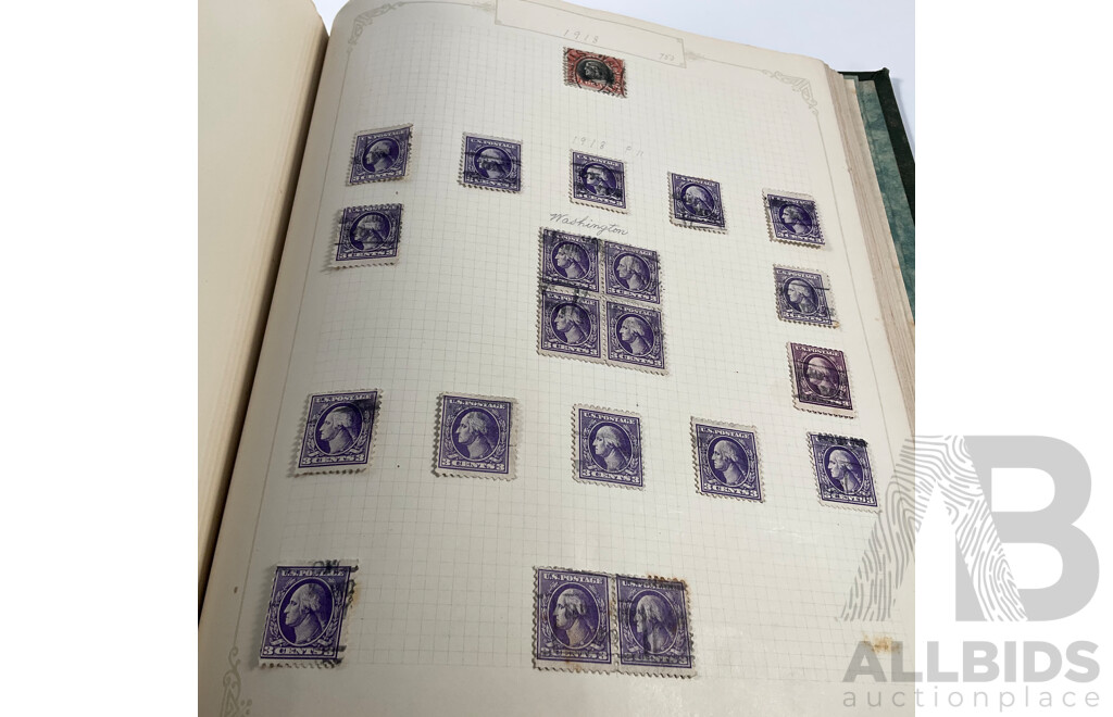 Album of USA Stamps Spanning 1890's to 1920's, Franklin, Washington, Martha Washington, Lincoln, Garfield, Roosevelt, Cleveland, Native Indians, Air Post, Mint Hinged Blocks