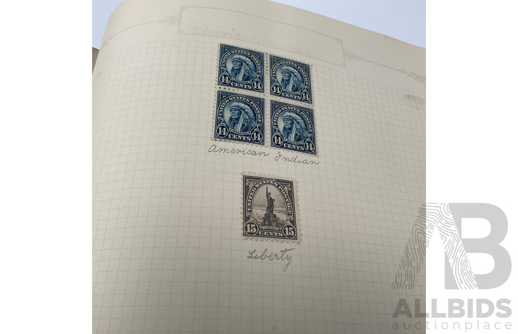Album of USA Stamps Spanning 1890's to 1920's, Franklin, Washington, Martha Washington, Lincoln, Garfield, Roosevelt, Cleveland, Native Indians, Air Post, Mint Hinged Blocks