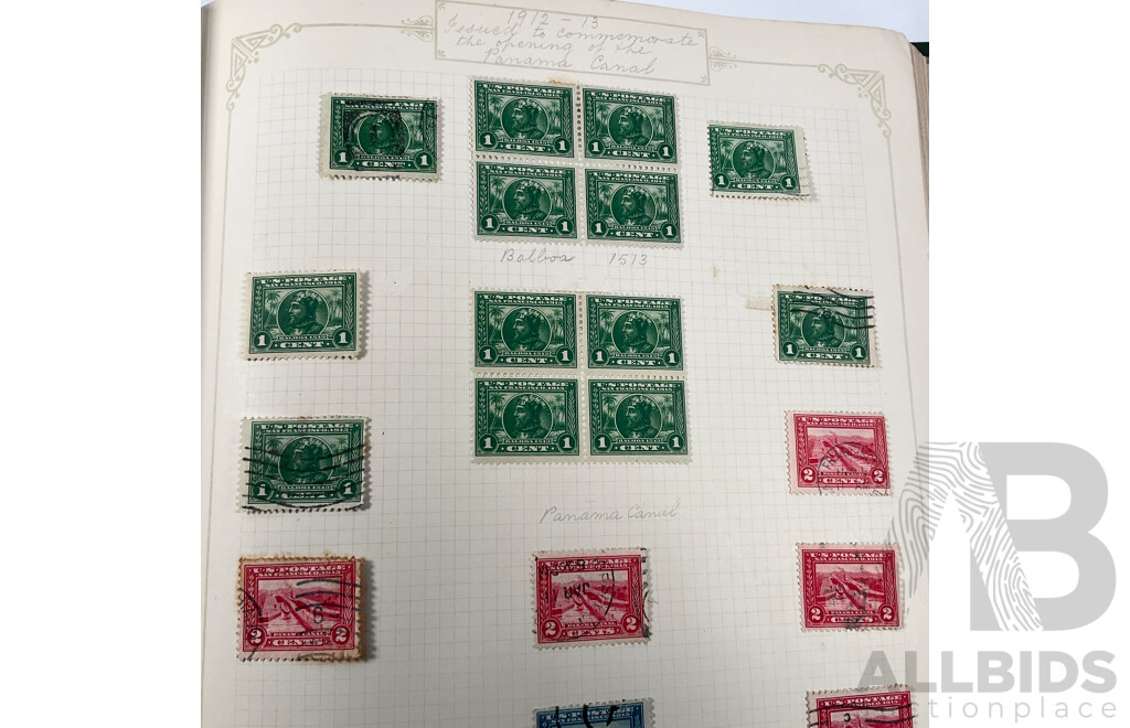 Album of USA Stamps Spanning 1890's to 1920's, Franklin, Washington, Martha Washington, Lincoln, Garfield, Roosevelt, Cleveland, Native Indians, Air Post, Mint Hinged Blocks