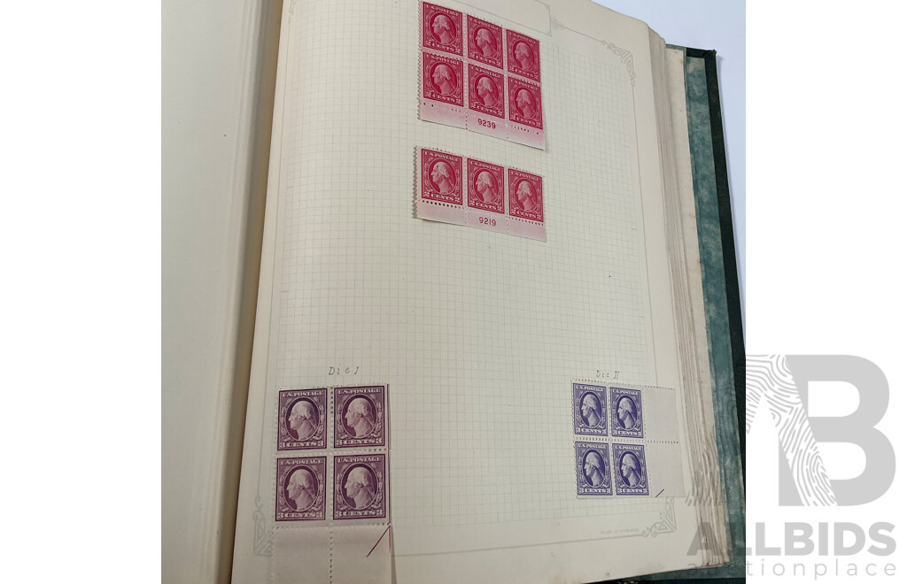 Album of USA Stamps Spanning 1890's to 1920's, Franklin, Washington, Martha Washington, Lincoln, Garfield, Roosevelt, Cleveland, Native Indians, Air Post, Mint Hinged Blocks