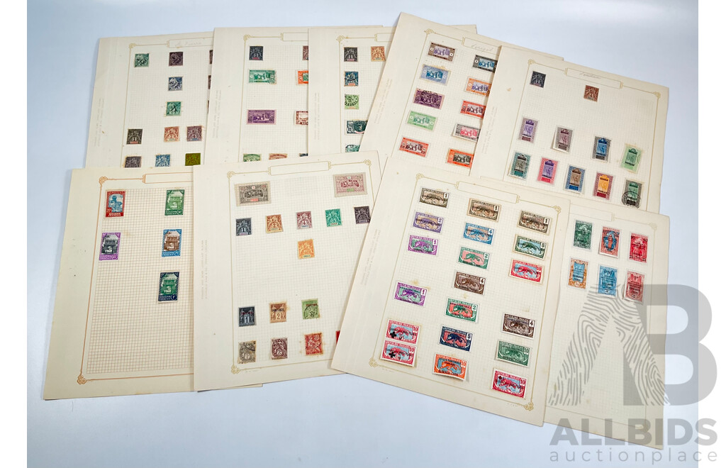 Collection of Antique and Vintage French Colony Stamps Including Obock 1890's, Port Said 1910's, Ubangi-shari 1920's Set, Sudan 1920's Camel Rider Set, Senegal, Saint Pierre 1910's