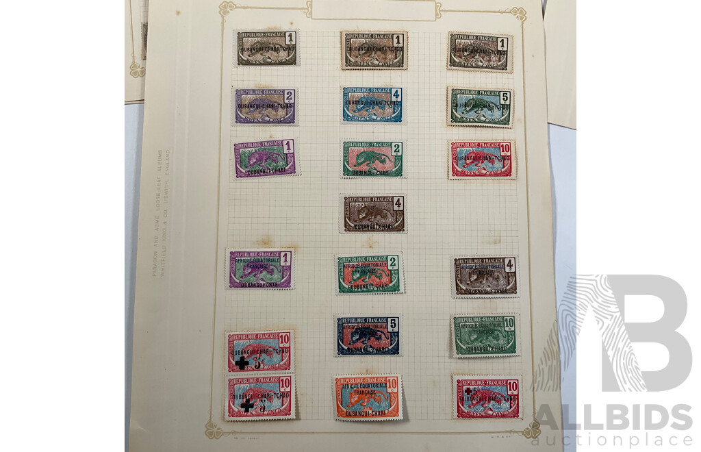 Collection of Antique and Vintage French Colony Stamps Including Obock 1890's, Port Said 1910's, Ubangi-shari 1920's Set, Sudan 1920's Camel Rider Set, Senegal, Saint Pierre 1910's
