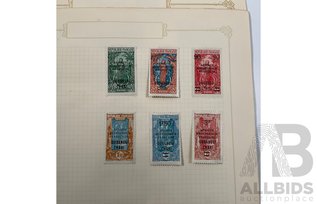 Collection of Antique and Vintage French Colony Stamps Including Obock 1890's, Port Said 1910's, Ubangi-shari 1920's Set, Sudan 1920's Camel Rider Set, Senegal, Saint Pierre 1910's