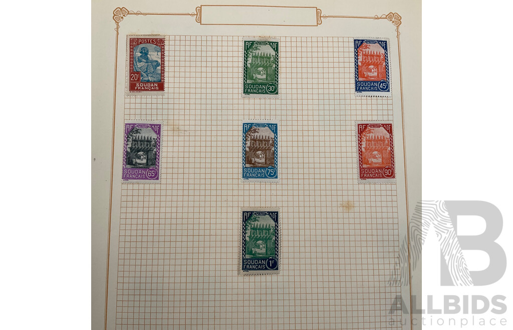Collection of Antique and Vintage French Colony Stamps Including Obock 1890's, Port Said 1910's, Ubangi-shari 1920's Set, Sudan 1920's Camel Rider Set, Senegal, Saint Pierre 1910's