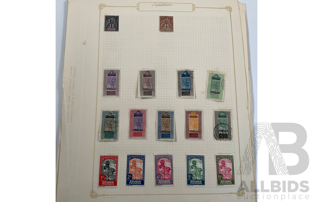 Collection of Antique and Vintage French Colony Stamps Including Obock 1890's, Port Said 1910's, Ubangi-shari 1920's Set, Sudan 1920's Camel Rider Set, Senegal, Saint Pierre 1910's