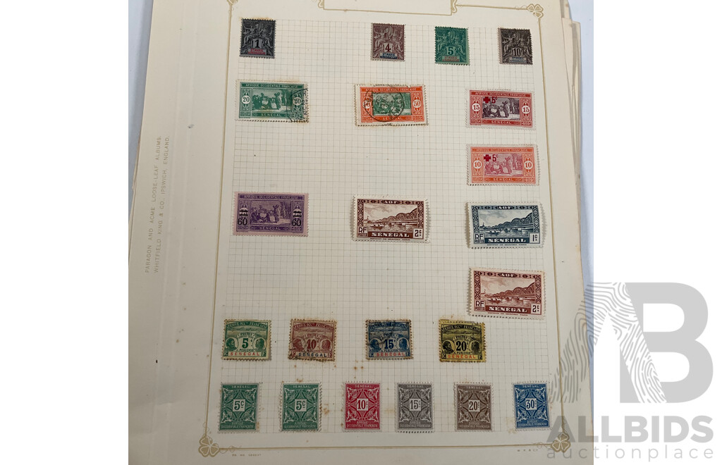 Collection of Antique and Vintage French Colony Stamps Including Obock 1890's, Port Said 1910's, Ubangi-shari 1920's Set, Sudan 1920's Camel Rider Set, Senegal, Saint Pierre 1910's