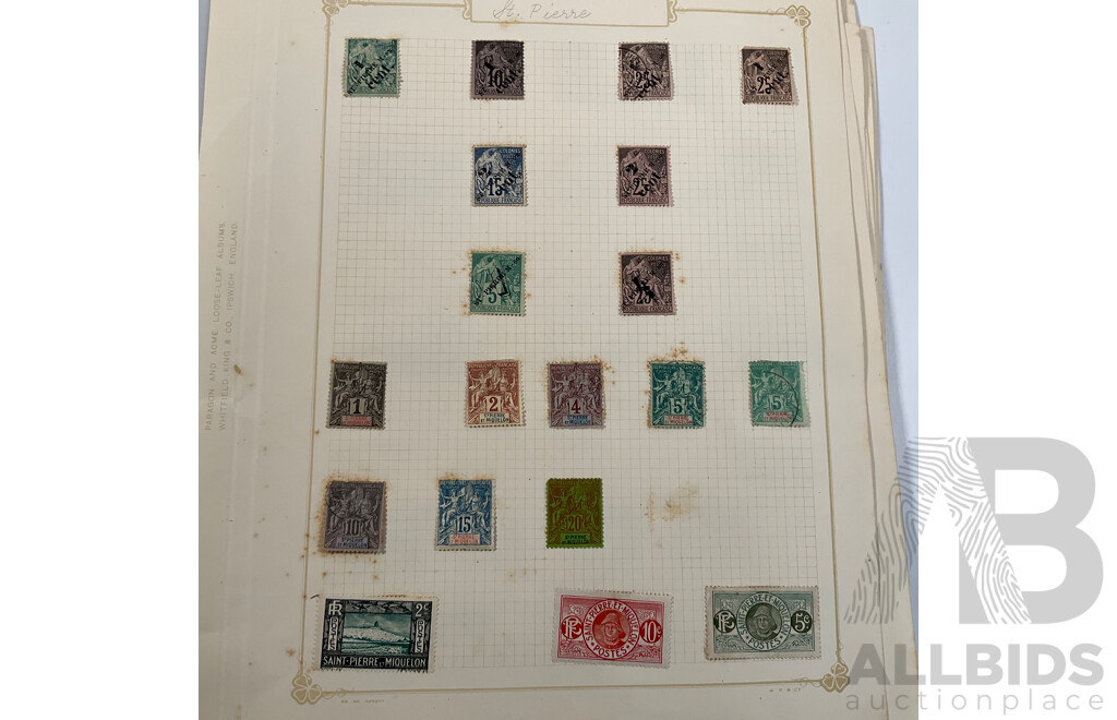 Collection of Antique and Vintage French Colony Stamps Including Obock 1890's, Port Said 1910's, Ubangi-shari 1920's Set, Sudan 1920's Camel Rider Set, Senegal, Saint Pierre 1910's