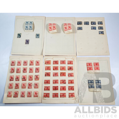 Australian 1935 KGV Coronation Stamps, Two, Three Penny, Two Shilling, Mint Hinged John Ash Two and Three Penny Blocks with 1936 Stamps Commemorating Submarine Telephone Communications to Tasmania, Mint Hinged John Ash Two and Three Penny Blocks