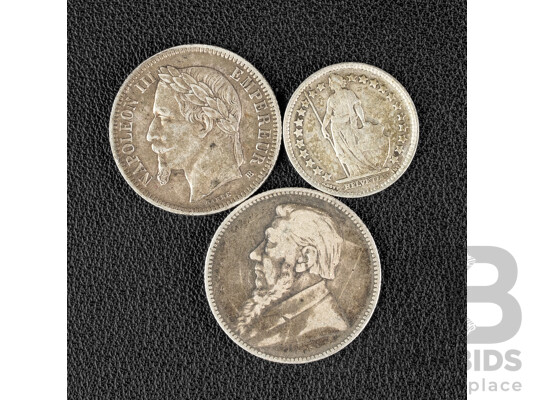 Three Silver Coins Including South Africa 1892 One Shilling, France 1866 Napoleon III One Franc and 1943 Half Franc